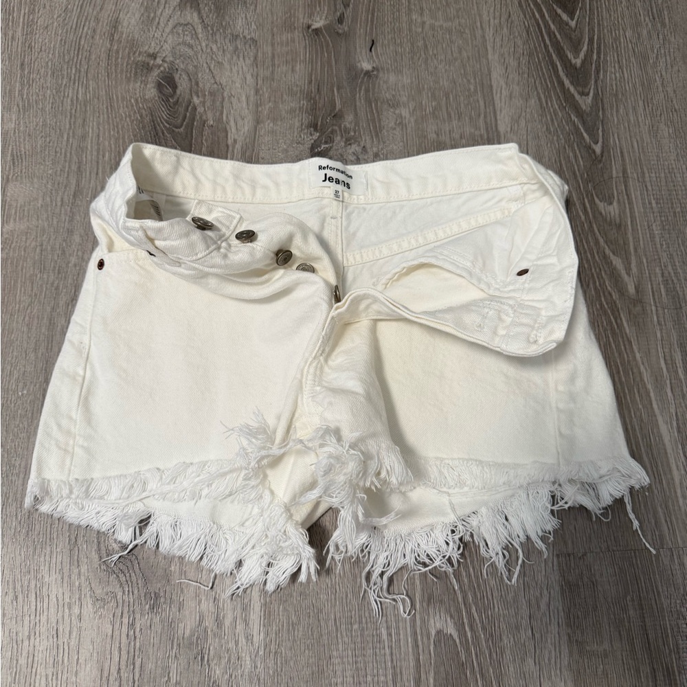 Reformation Cream Jean Shorts with Frayed Hem